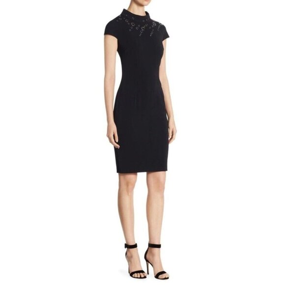 Womens Size 4 St. John Black Grommet Detail Funnel Neck Sheath Dress - Picture 2 of 9